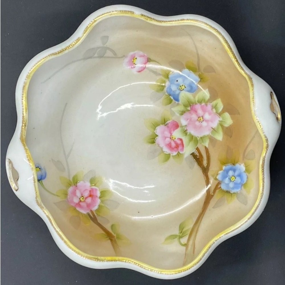 Vintage Noritake Dish Hand Painted Floral Pink Blue Beige Gold Beaded Edge Japan